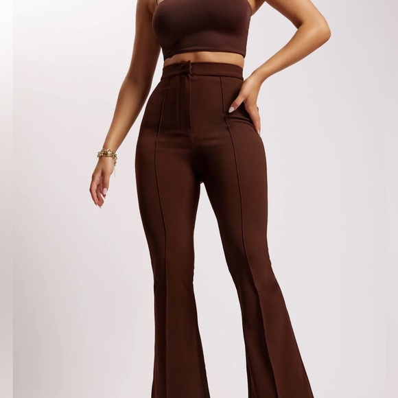 high waisted pants trousers with front slit sexy fit bnwt brown - Picture 2 of 3